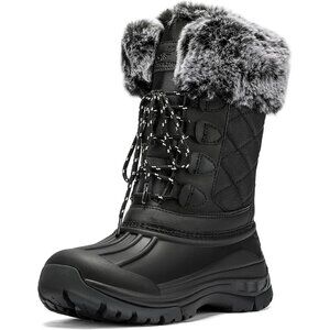 Women's Black Waterproof Winter Boots Warm Fur Lined Anti Slip Mid Calf